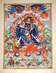Неизвестный художник. Монголия  Бог Зла и Смерти Ямантака. Вторая пол. ХIХв. Грунтованное полотно, краска клеевая, позолота.